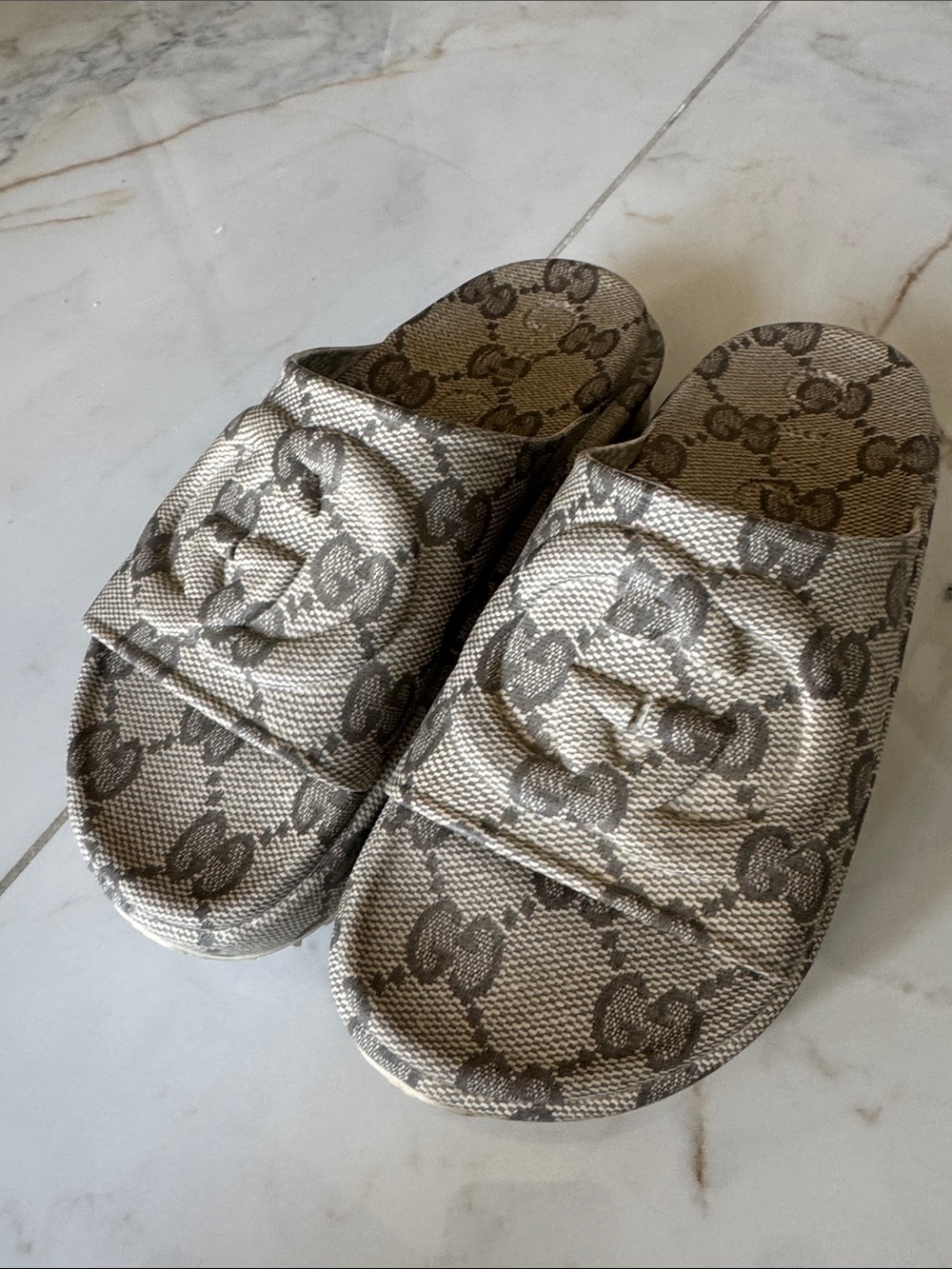 Gucci Beige and Brown Monogram Slip-On Slides